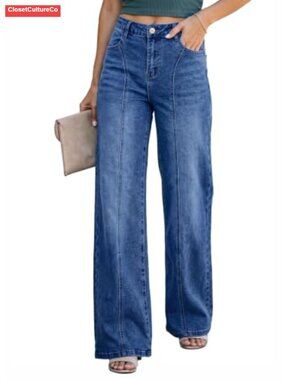 Wide Leg High Rise Stretch Denim Jeans Side Pockets Seam Front